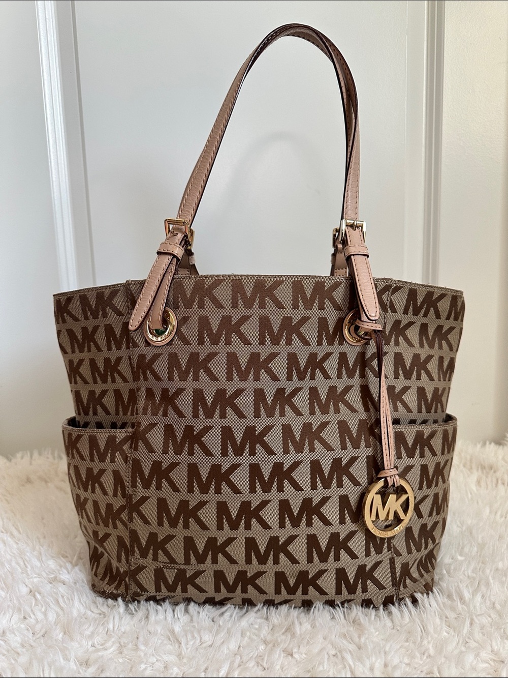 Michael Kors Brown MK Logo Tote with Gold Charm